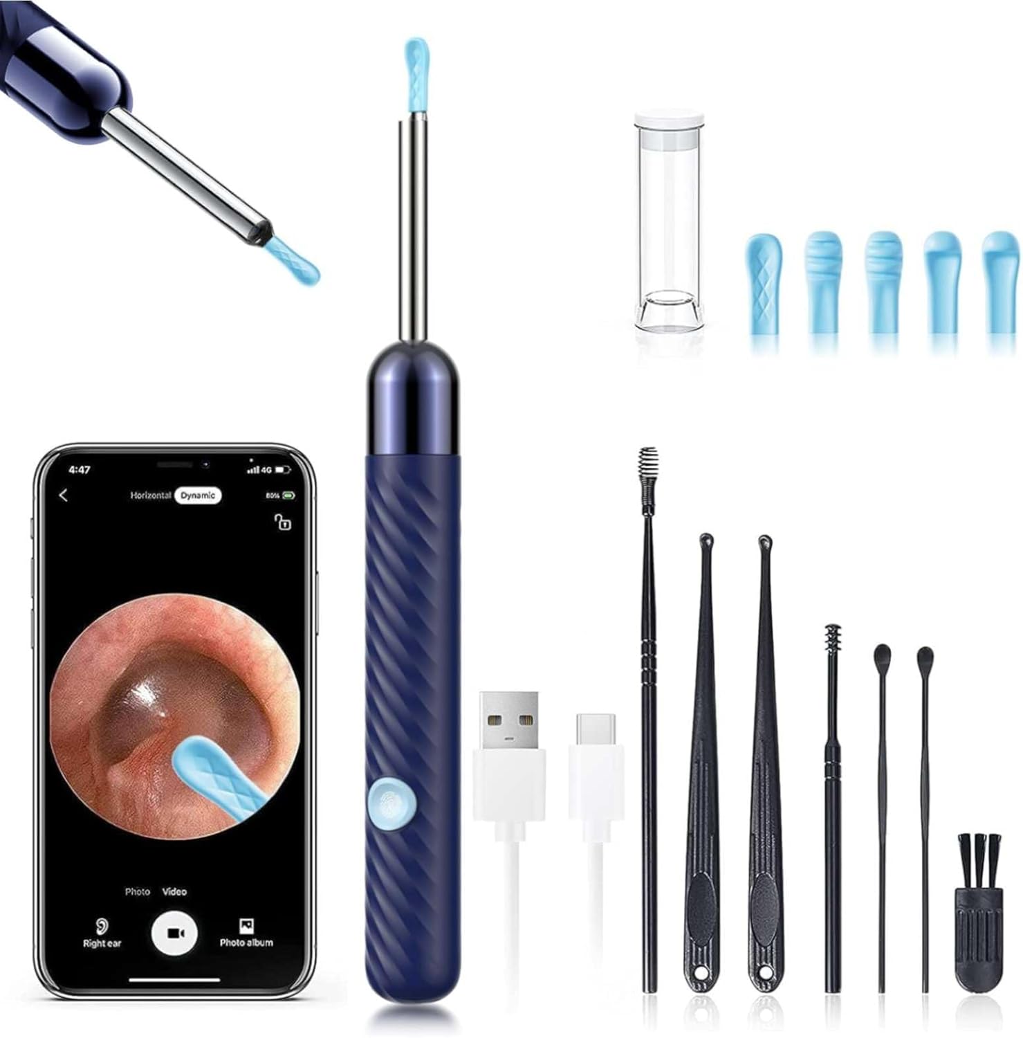 Leiput ear wax removal tool navy blue front view showing smart otoscope camera