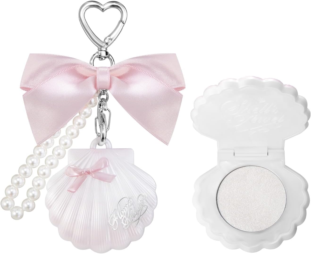 Flower Knows Shell's Jewel Highlighter Balm front view showing the elegant ivory seashell compact with a pink ribbon bow.