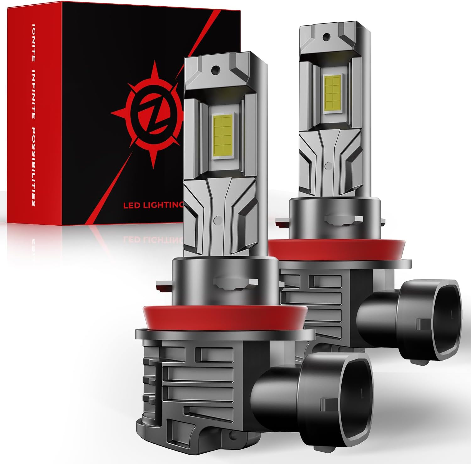 GloDrv H11 LED fog light bulbs front view showing the premium red seal and compact cooling fins