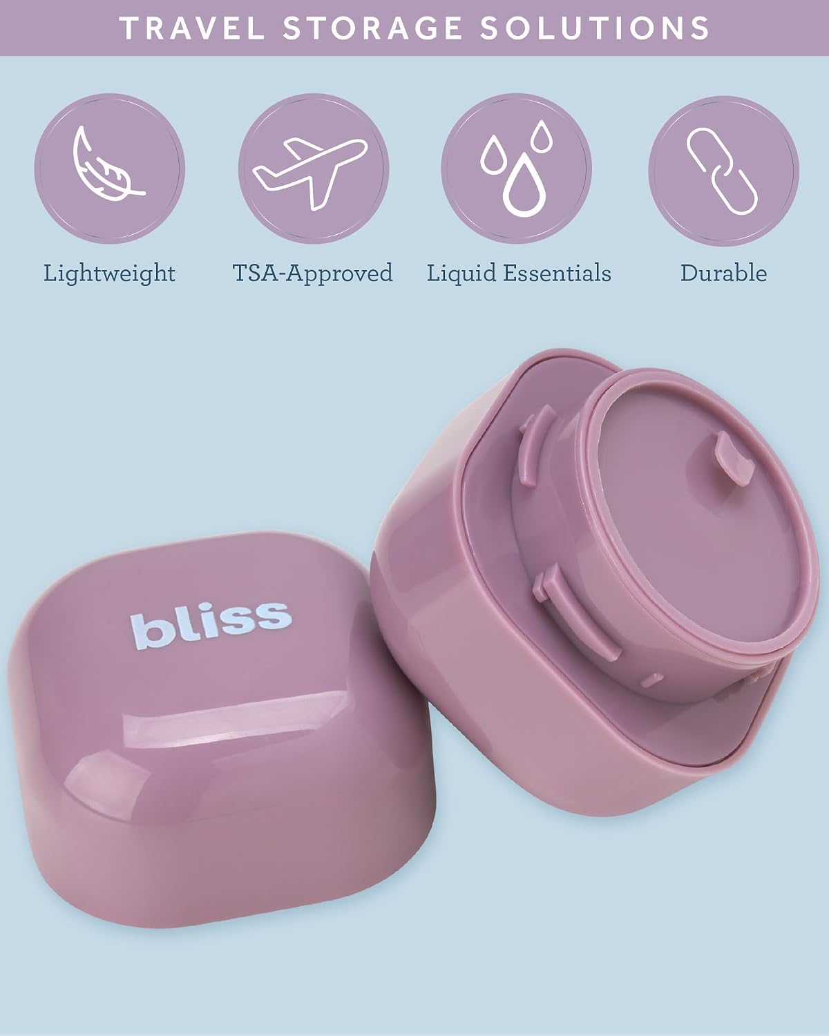 Bliss leak proof travel size containers showing the wide mouth opening.