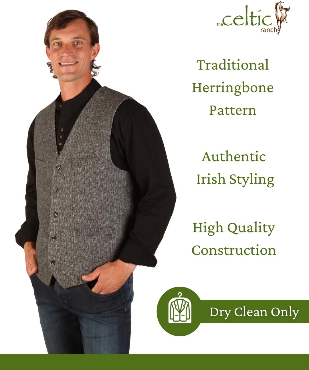 The Celtic Ranch men's Irish vest full wool fabric back and adjustable belt