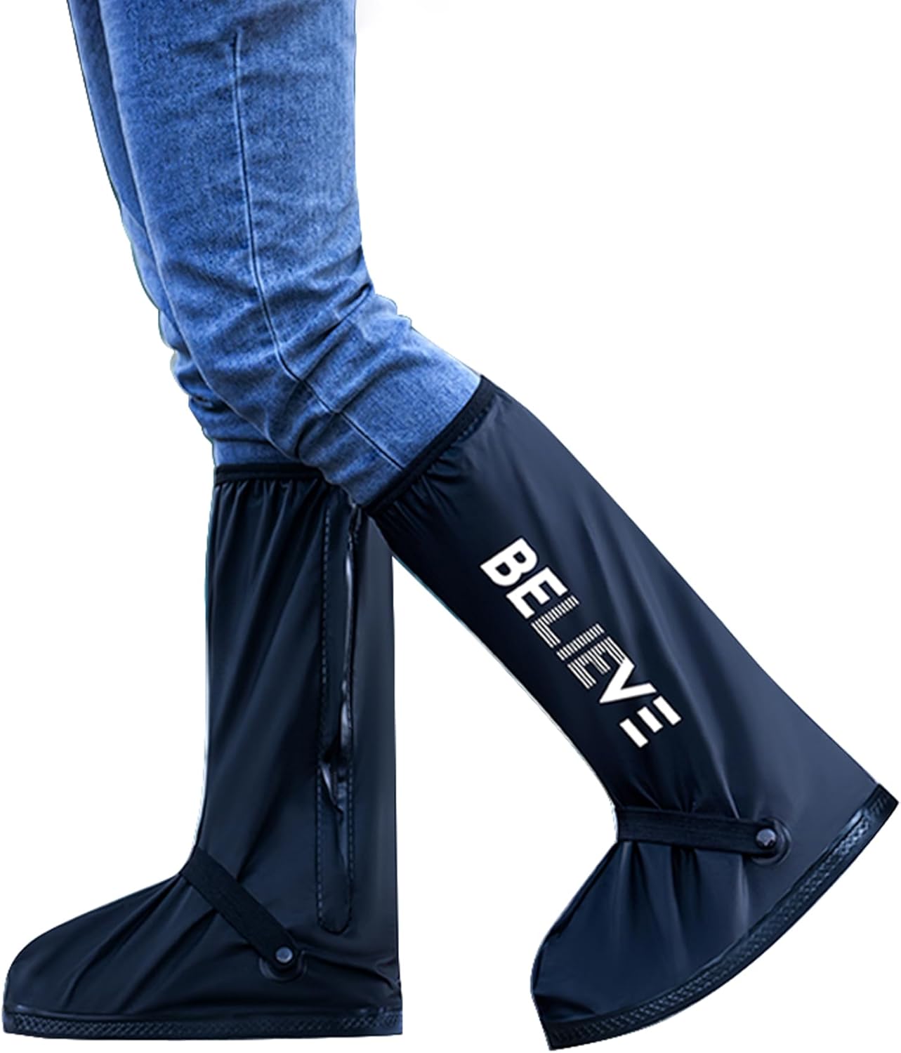 RINJOY waterproof rain shoe covers front view showing black PVC material and secure zipper closure.