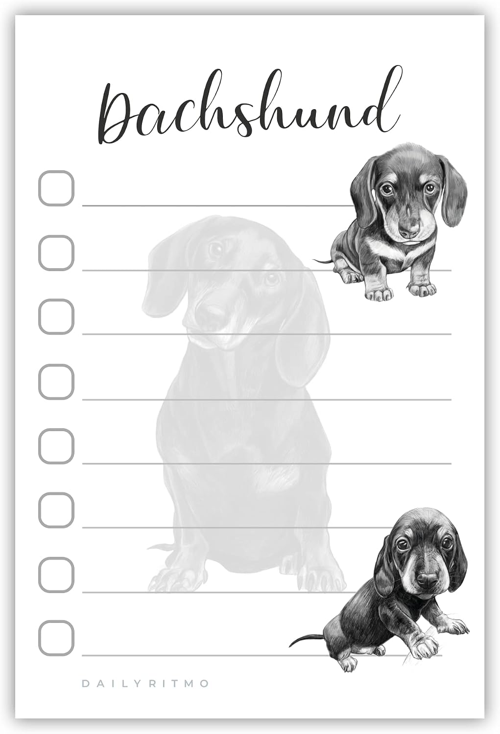 Daily Ritmo Dachshund Sticky Notepad front view showcasing dog illustration