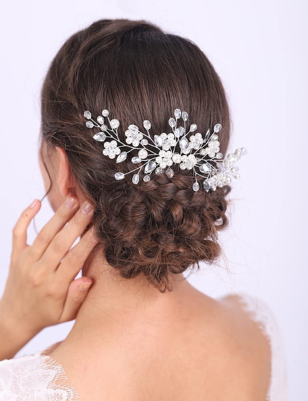 Side profile of Jumwrit rhinestone hair comb on formal wedding hair