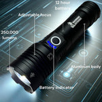 High power outdoor flashlight displaying 4 LED battery indicator lights