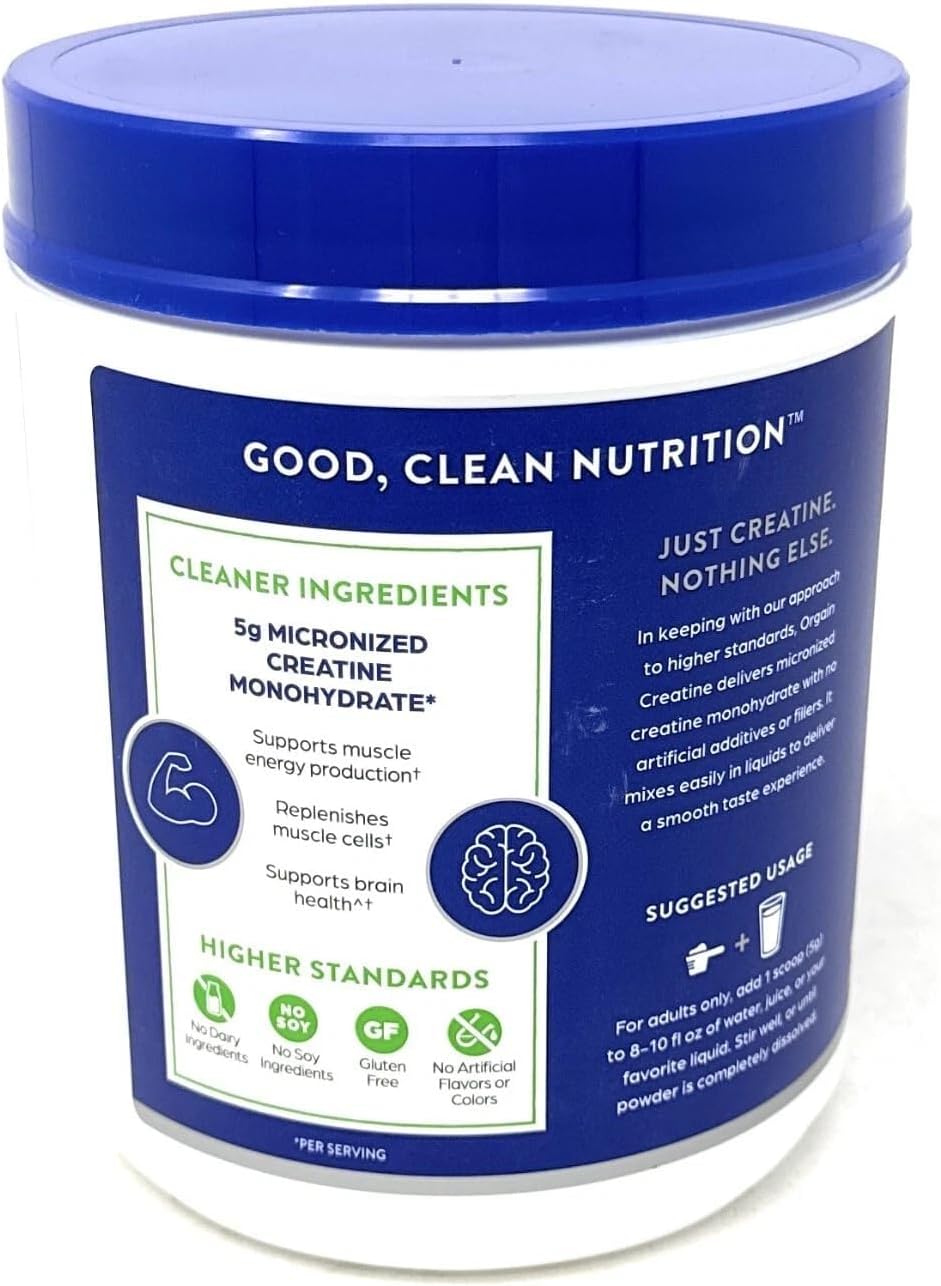 Orgain creatine supplement label showing 5 grams serving size