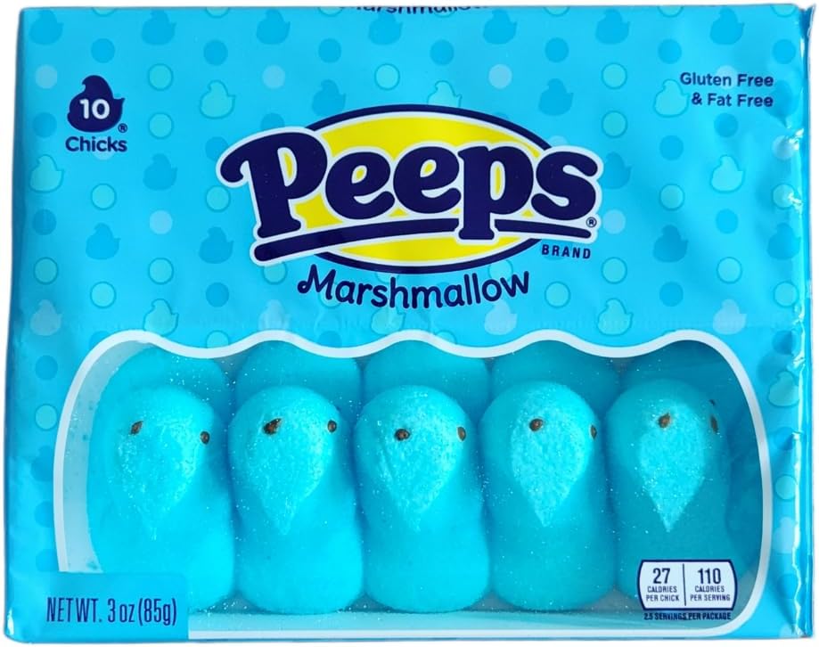 Peeps yellow blue pink and lavender marshmallow candy chicks close up