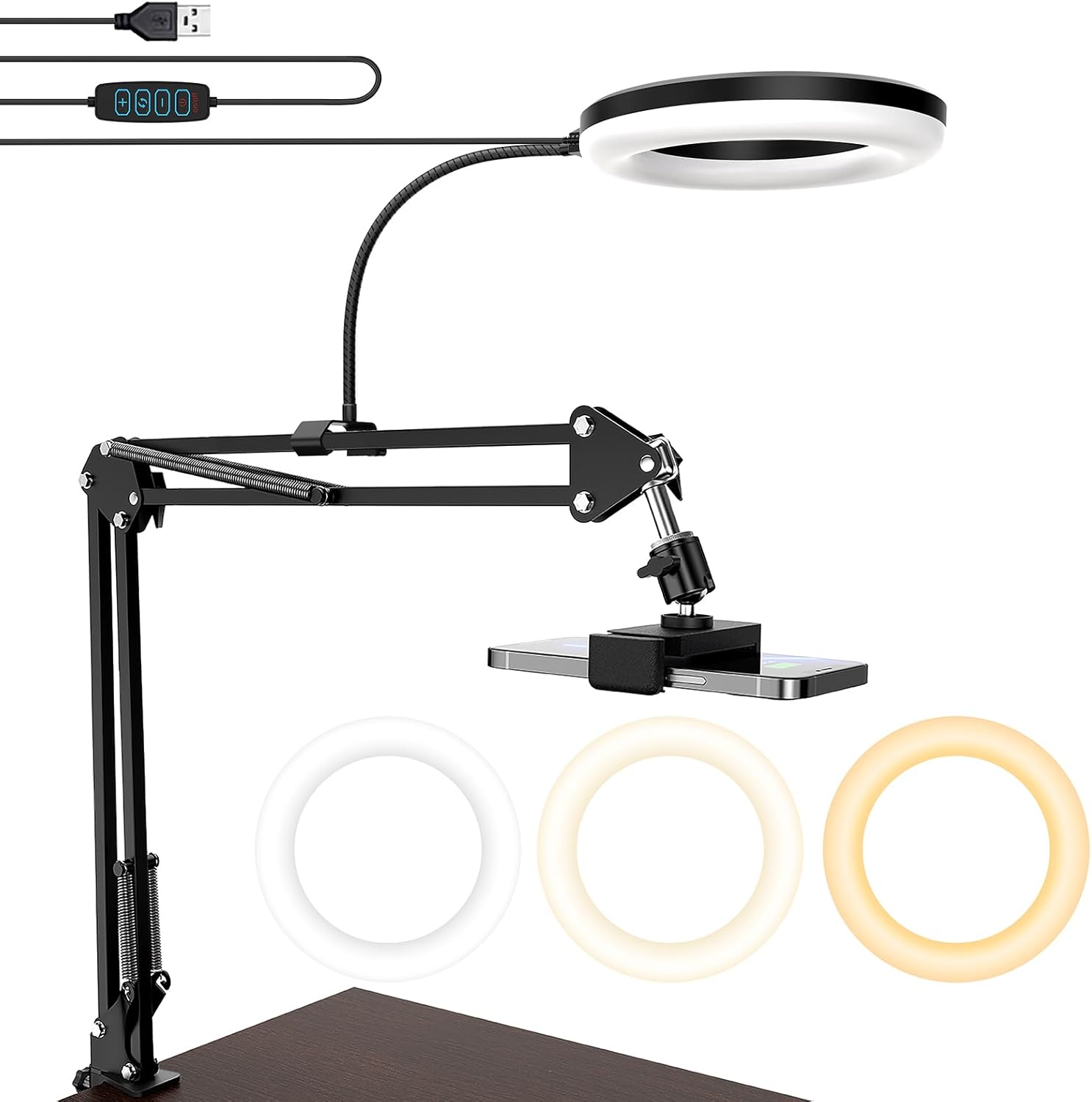 MagLoop overhead camera mount front view showing the six inch ring light and desk clamp setup