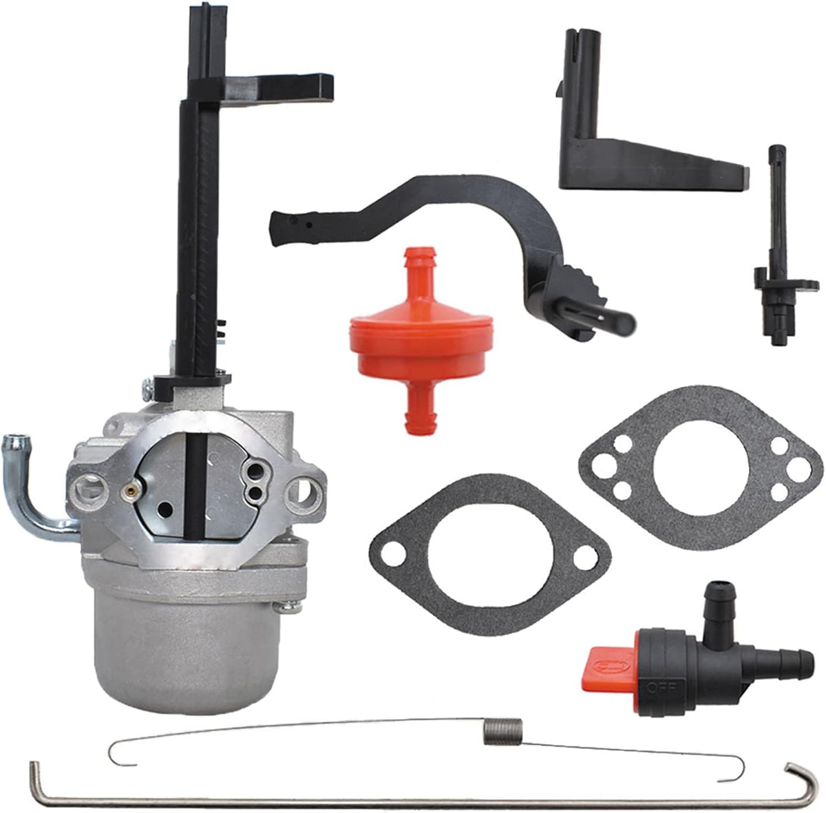 Timunr carburetor replacement front view showing metal float body and choke assembly.