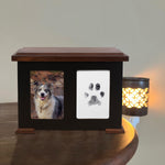 Sofunii wooden dog cremation box open showing the spacious interior and premium flannel lining