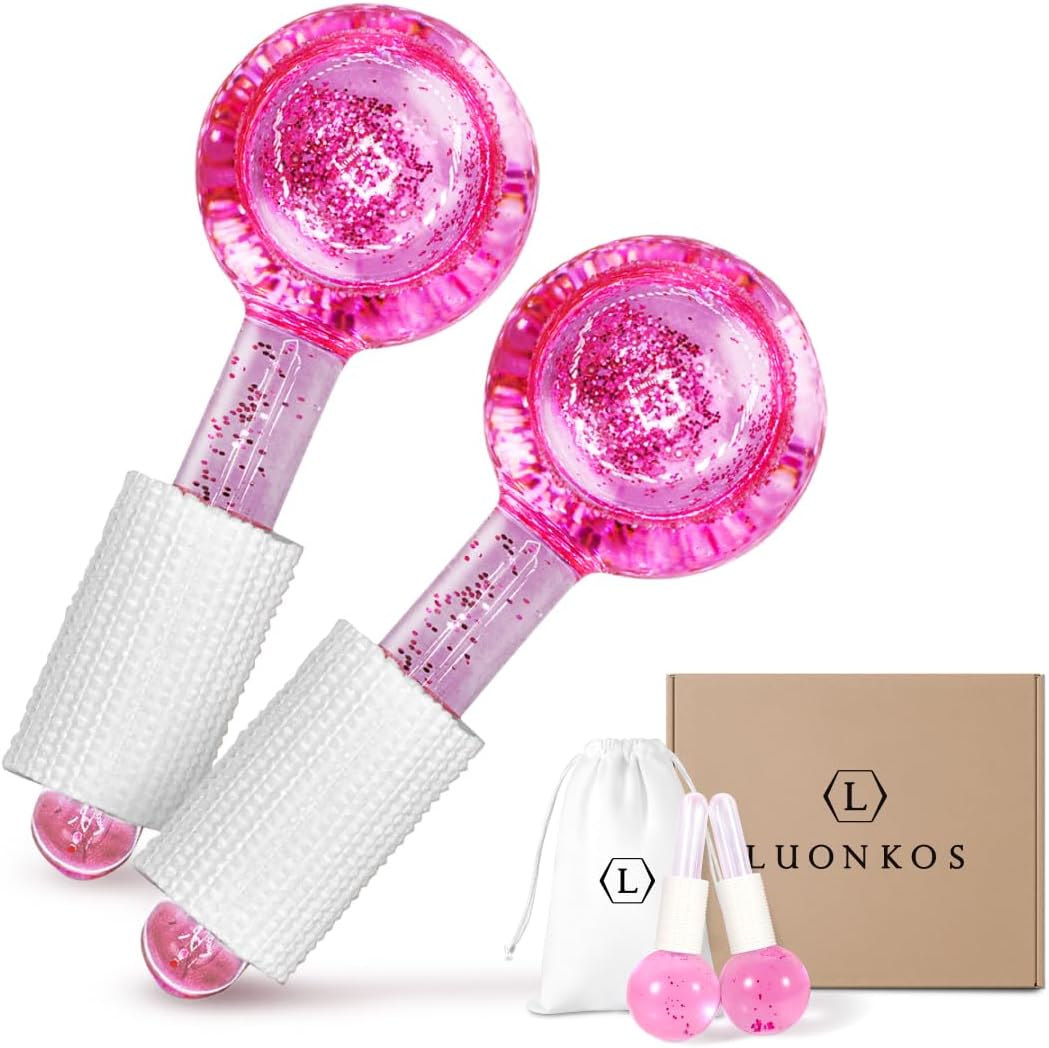 Hana Emi LUONKOS Ice Globes for Face front view pink cryotherapy glass facial massagers with white protective handles