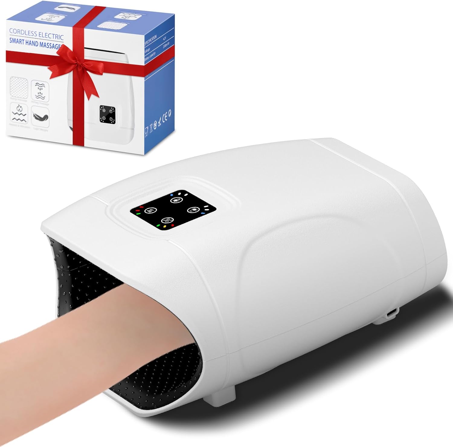 TipTalk hand massager front view showing elegant white cordless design for wellness enthusiasts.