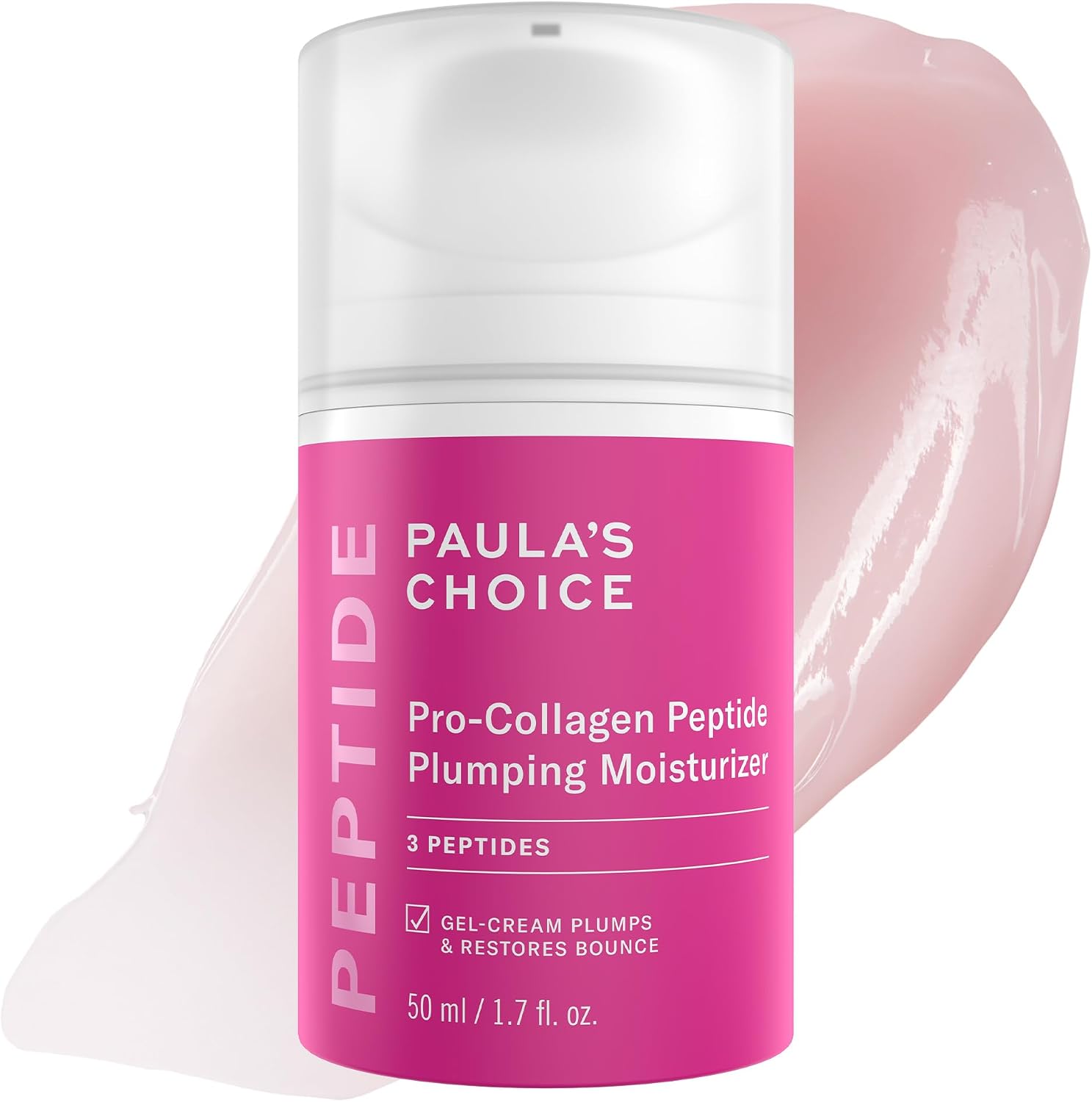 Paula's Choice Pro-Collagen Peptide Plumping Face Moisturizer front view of pink bottle for skin firming.