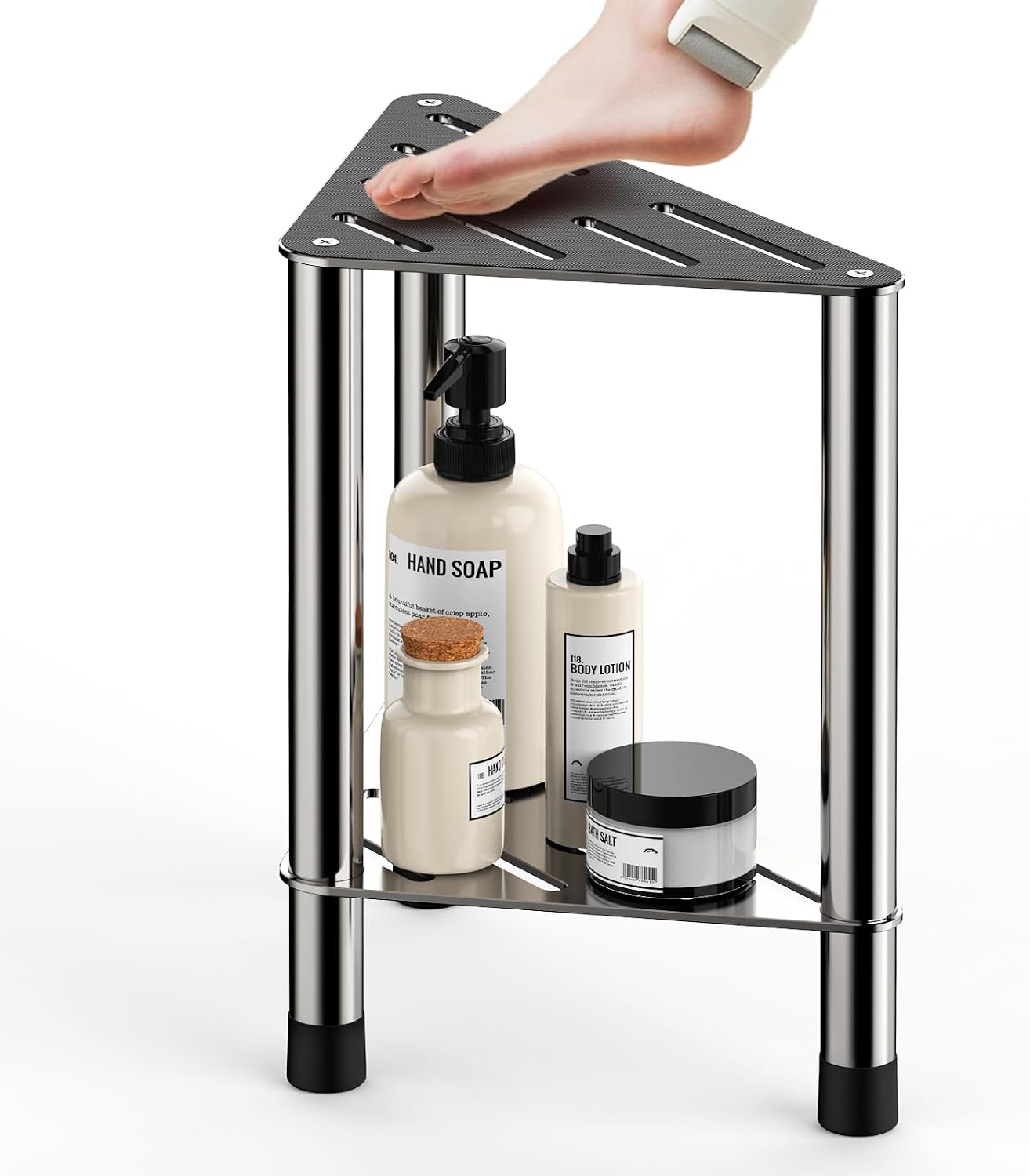 HzTinT corner shower stool front view showing triangular design