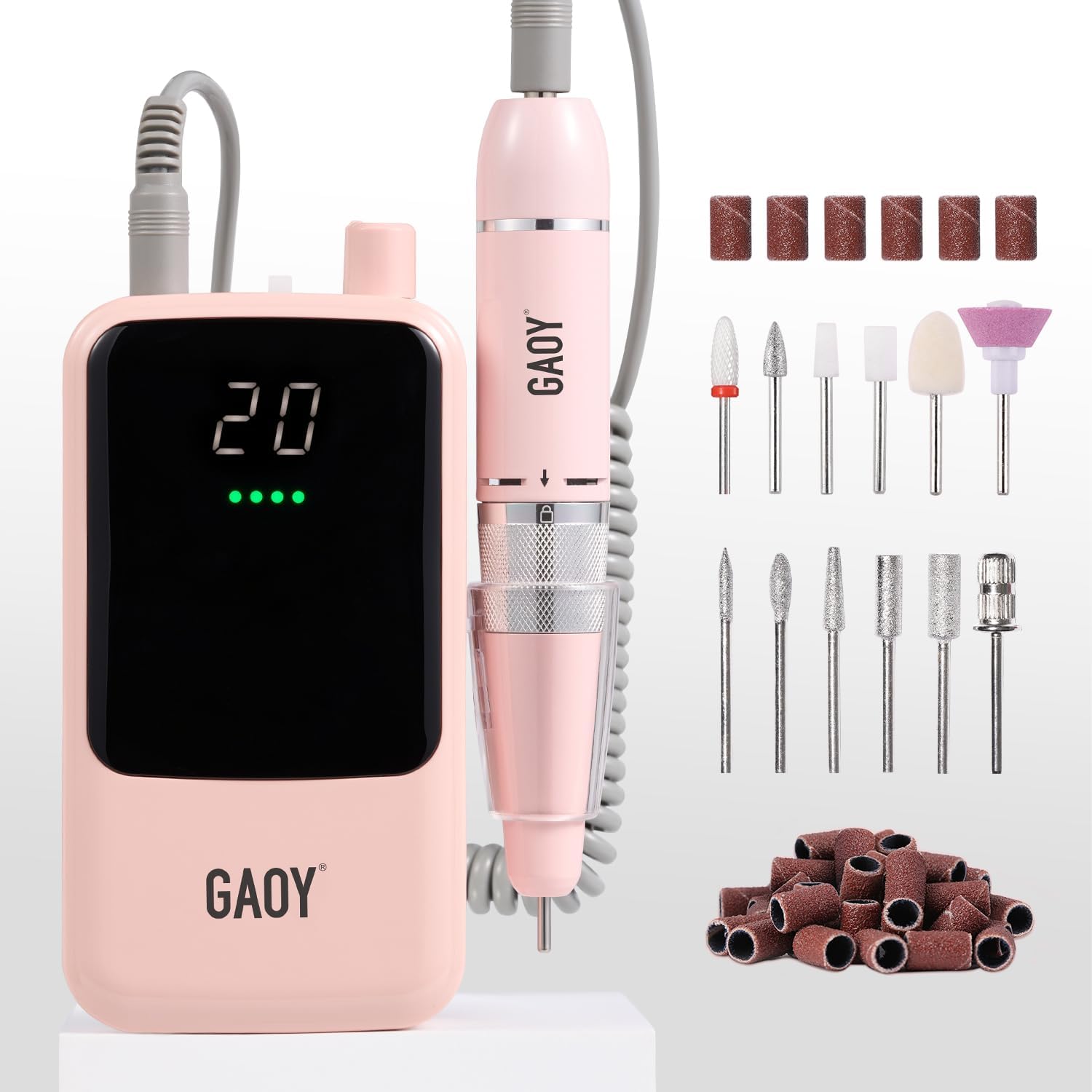 GAOY Rechargeable Cordless Nail Drill for Beginners, Electric Nail File with 12 Drill Bits and Sanding Band Set for Acrylic and Gel, Pink - Image 1