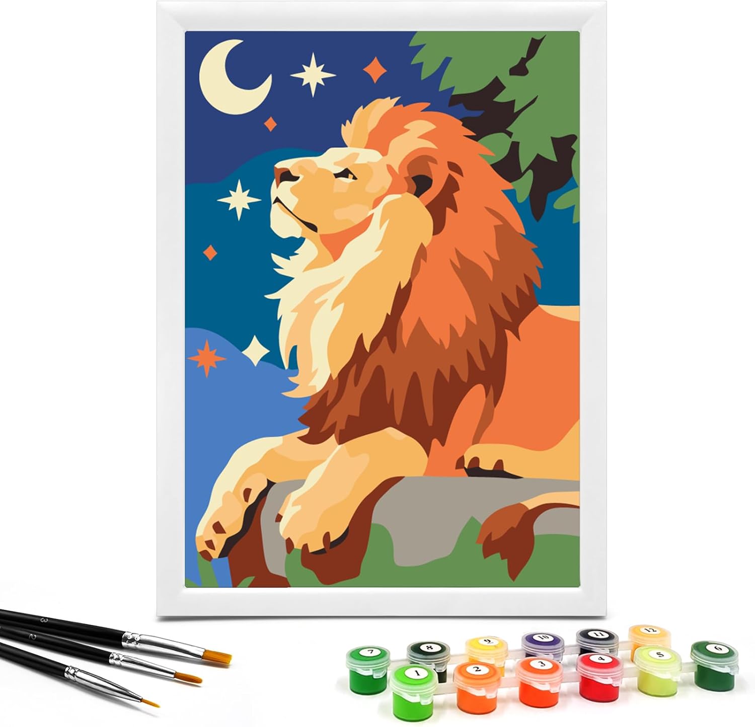 Nariolar paint by numbers kids kit front view showing the pre-printed cute lion cardboard canvas.