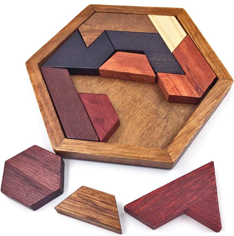 KINGOU Hexagon Tangram Puzzle front view showing eleven colorful wooden blocks arranged inside the frame.