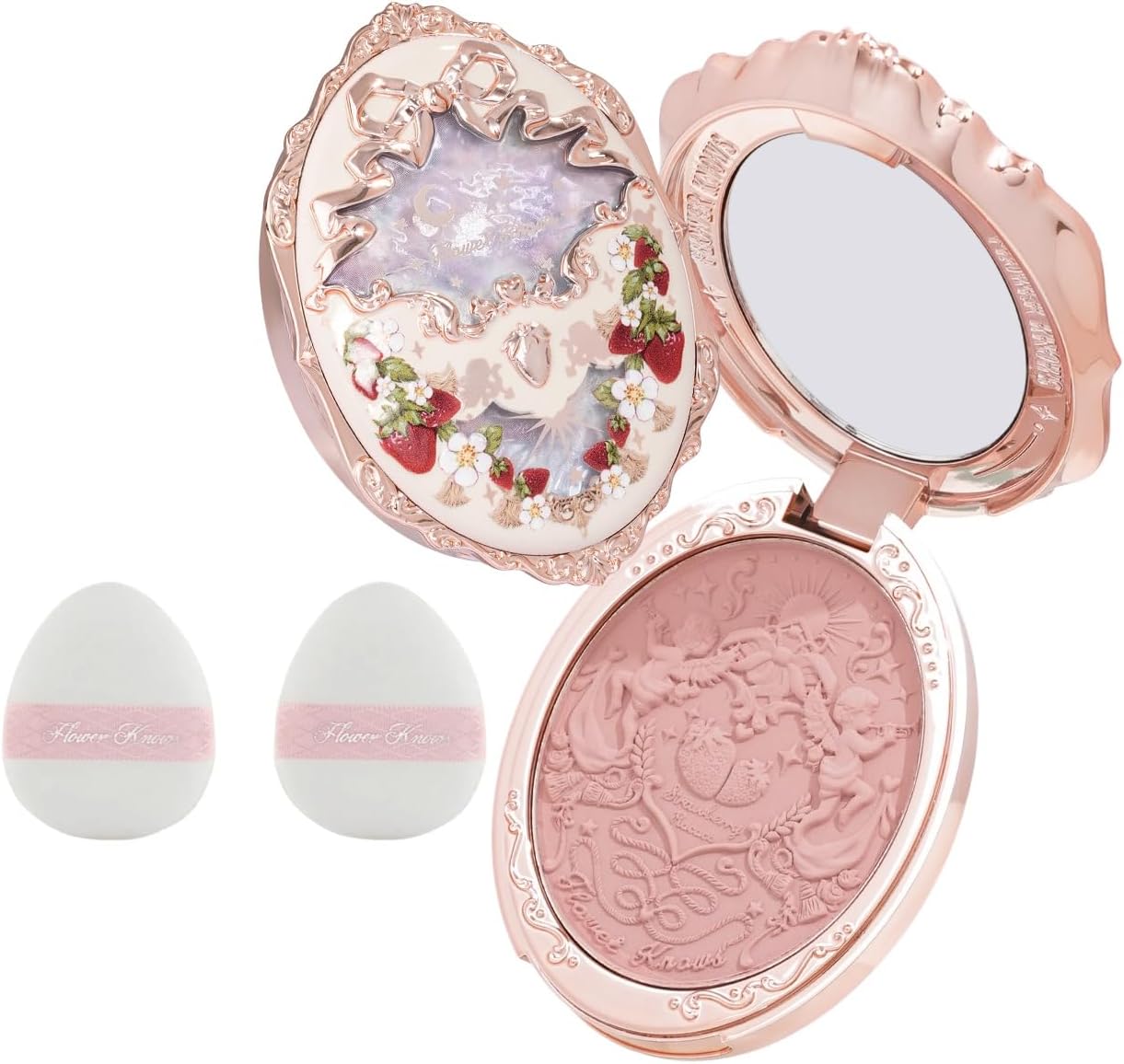 Flower Knows Strawberry Rococo Embossed Blush in 01 Angel Chanson front view showcasing antique compact packaging.