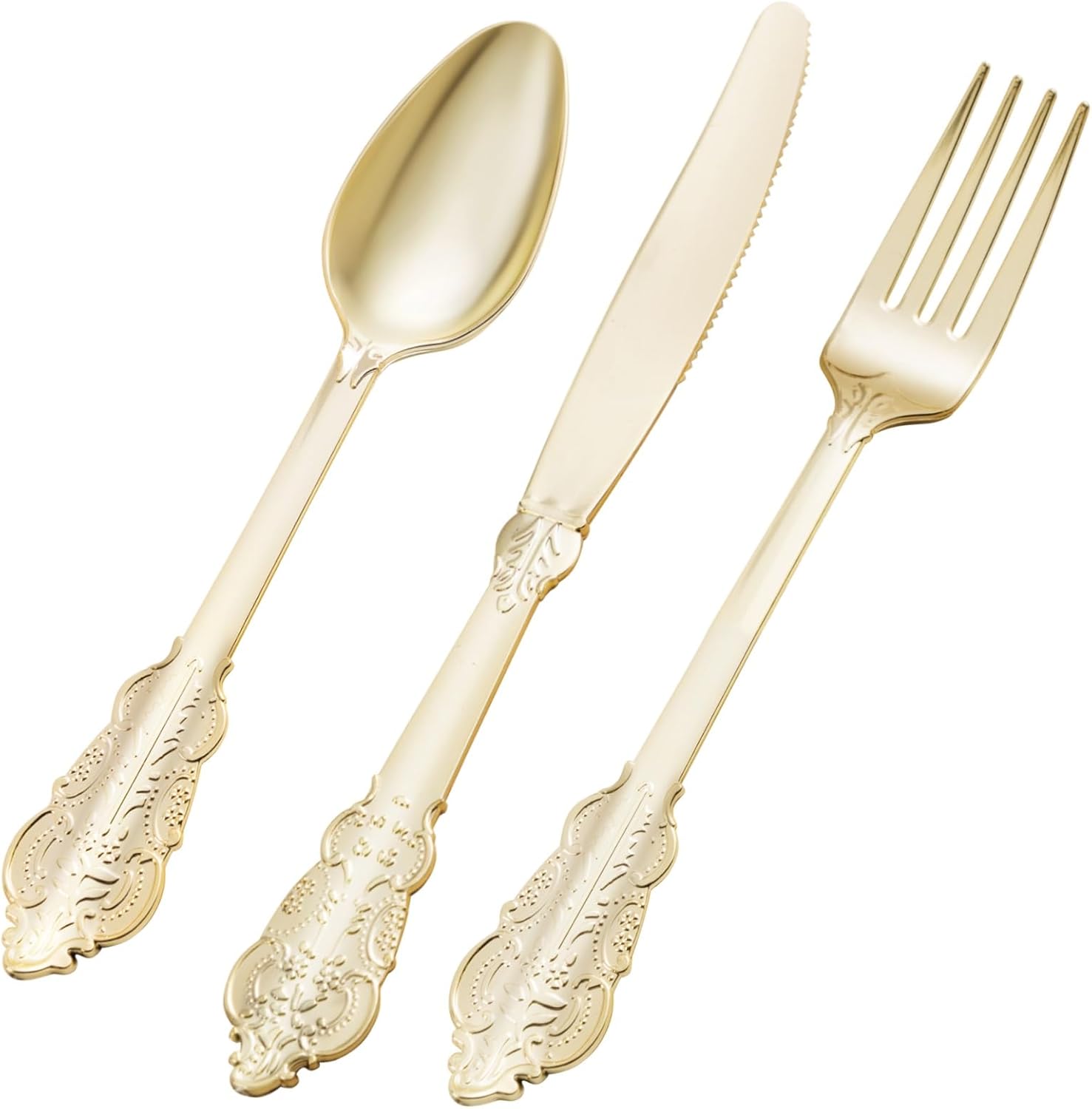Bestluck gold plastic silverware seventy five piece set front view on table