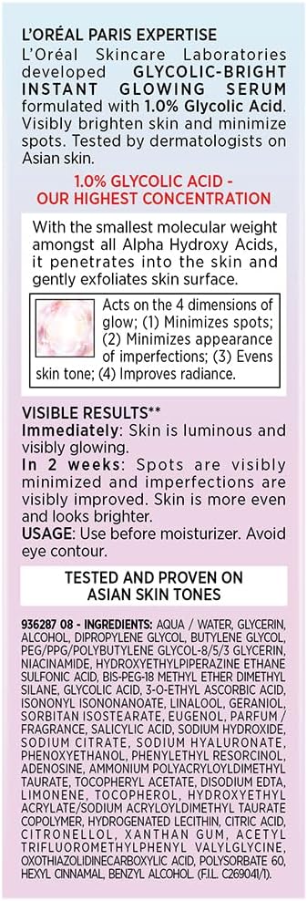 L'Oreal Paris Brightening Serum, 1% Glycolic Acid, 2% Niacinamide Serum, Visibly Minimizes Spots, Reveals Even Skin Tone, Glycolic Bright Skin, 15ml (0.52 oz) - Image 9