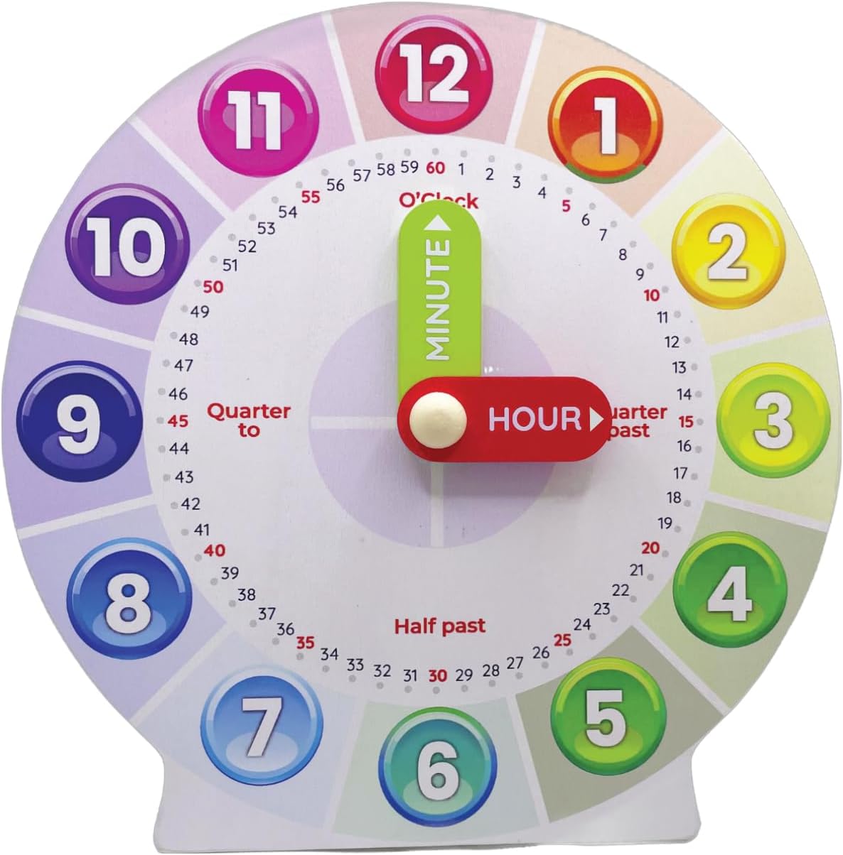 Urban Supply Co Interactive Educational Teaching Clock front view showing moveable hands and color-coded dial.