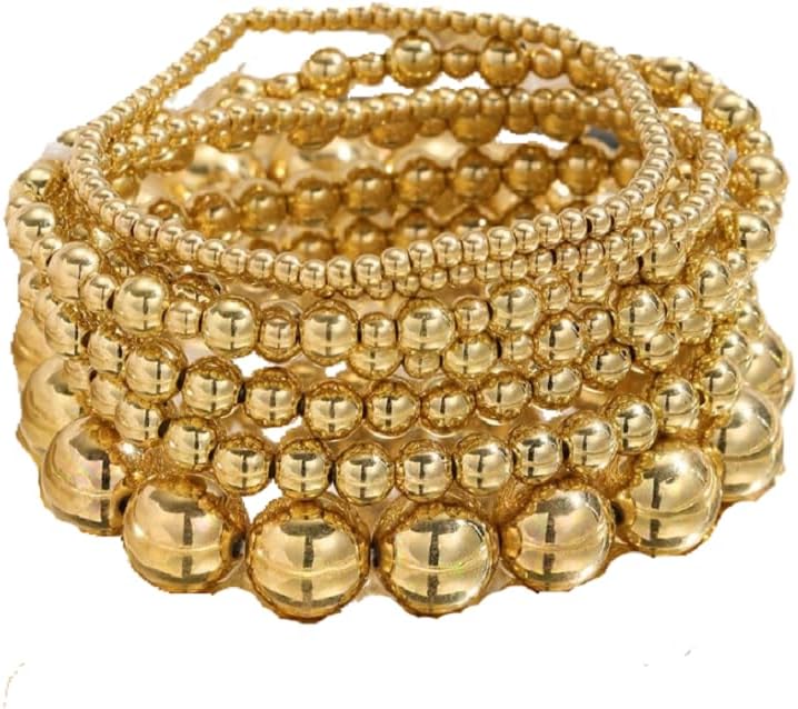 Gold Beaded Bracelets Adjusatable 14K Gold Plated Stackable Bracelets Stretch Bead Ball Bracelet Set for Women 3MM 4MM 6MM 8MM Beads Jewelry - Image 9