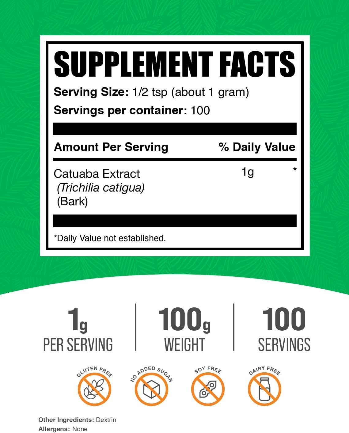 BulkSupplements Catuaba Bark Powder nutritional facts label detailing the 1000mg serving size