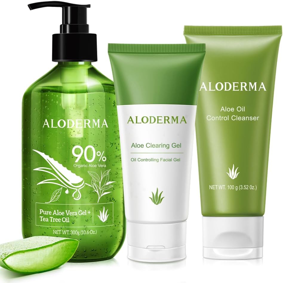 Aloderma Oil Controlling Set three piece skincare kit front view showing cleanser clearing gel and tea tree gel
