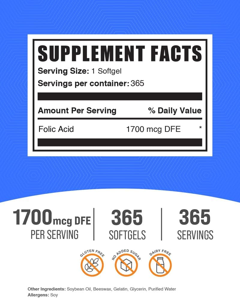 BulkSupplements Folic Acid 365 count bottle showing nutritional label