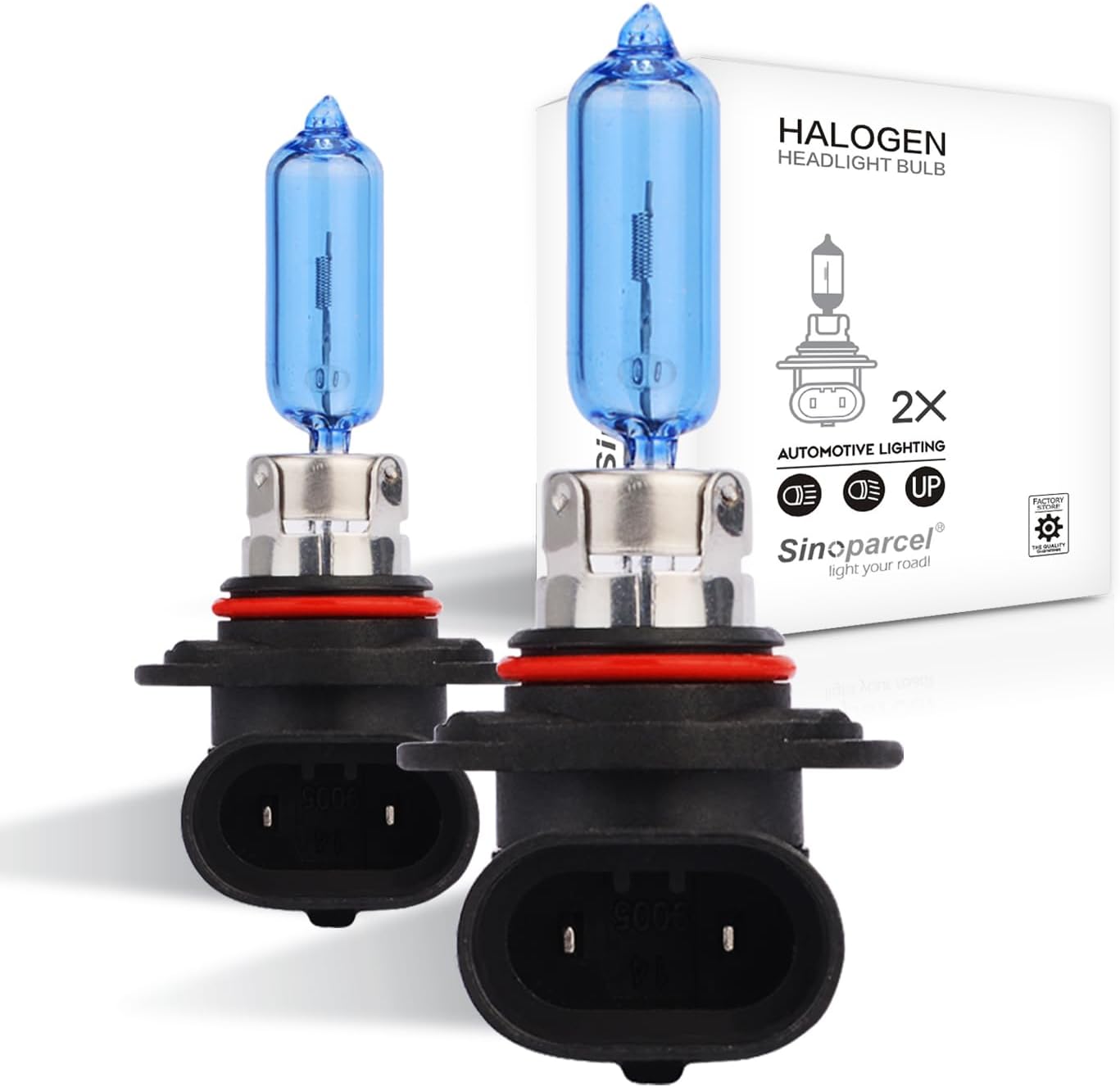Sinoparcel 9012 HIR2 Halogen Headlight Bulbs front view showcasing the blue coating and anti-UV quartz glass structure.