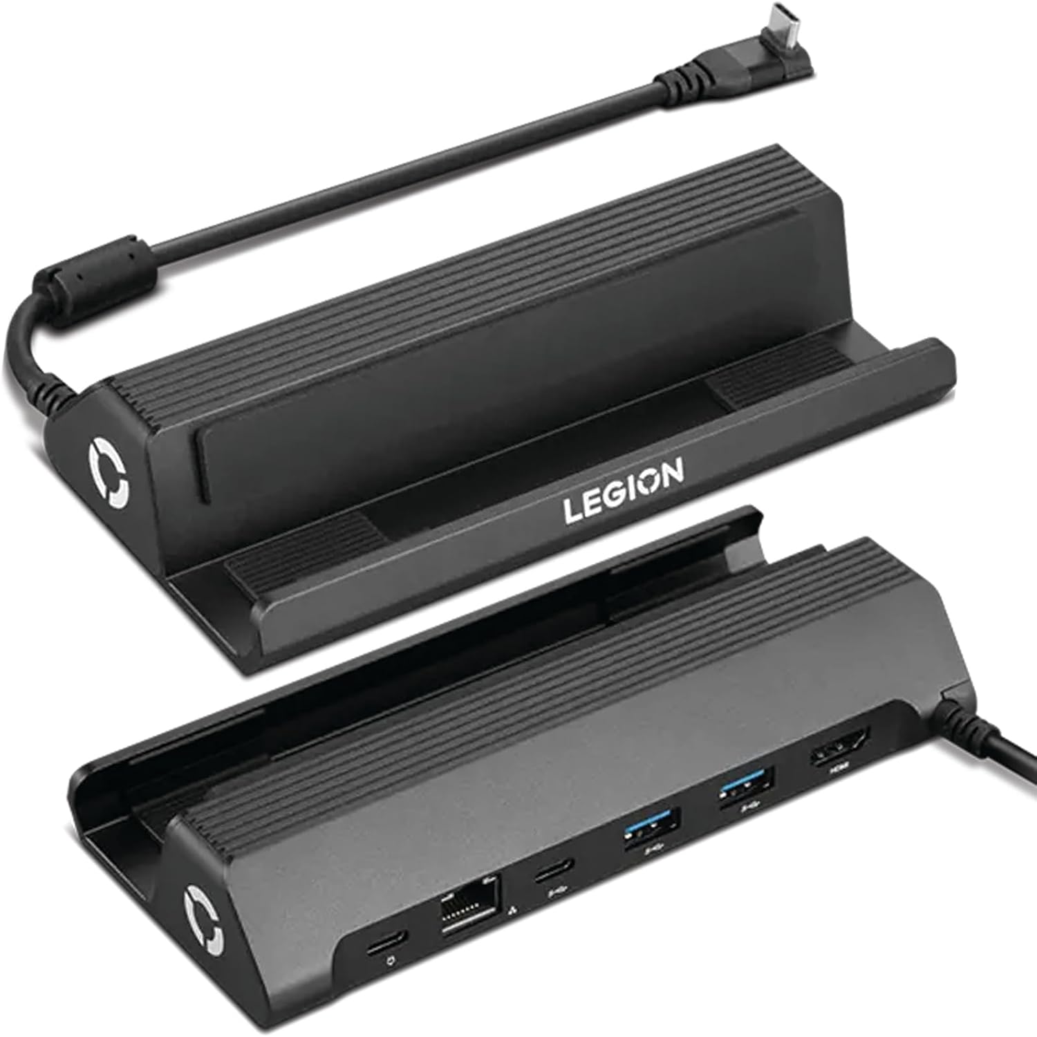 Lenovo Legion Go USB-C Dock front view showing sleek metal design and console stand alignment.
