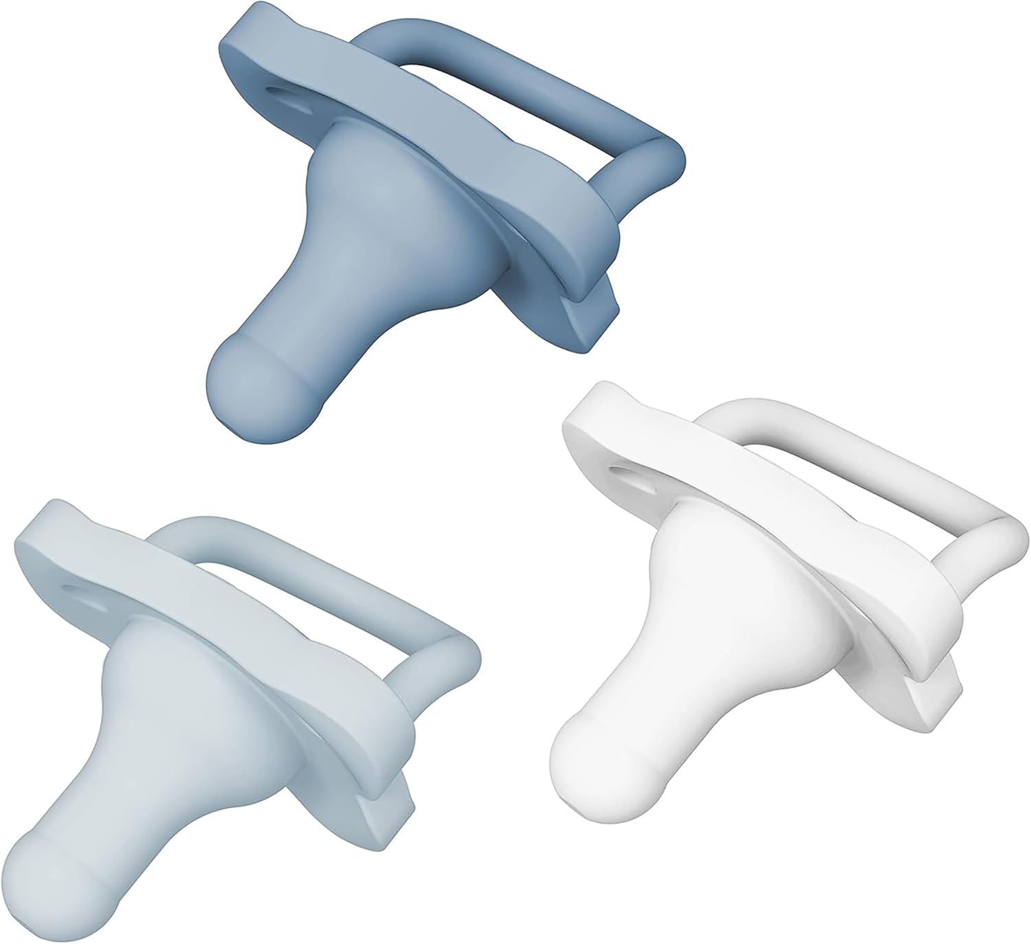 Dr. Brown's HappyPaci silicone baby pacifier front view in blue, light blue, and white 3-pack