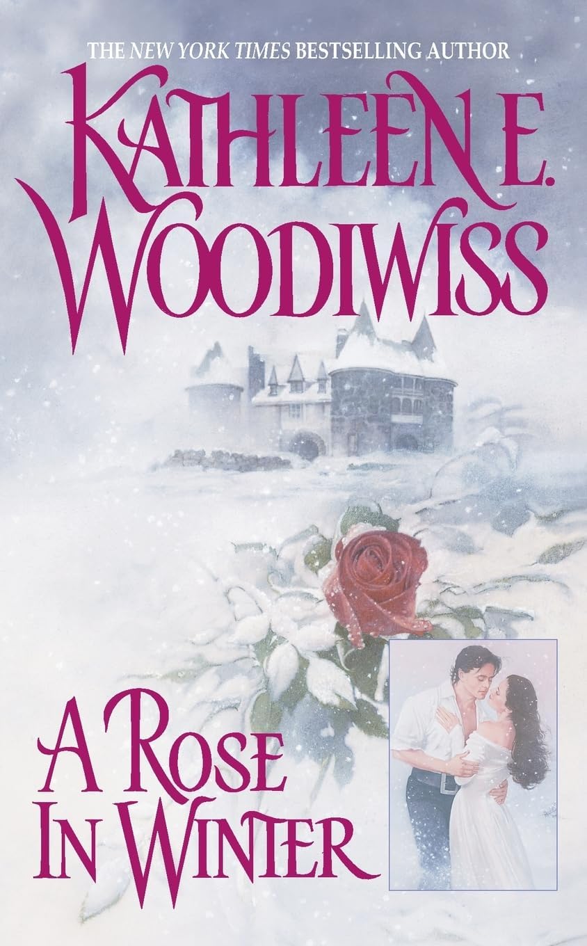 Kathleen E Woodiwiss A Rose In Winter mass market paperback front view cover featuring authentic historical romance novel artwork.