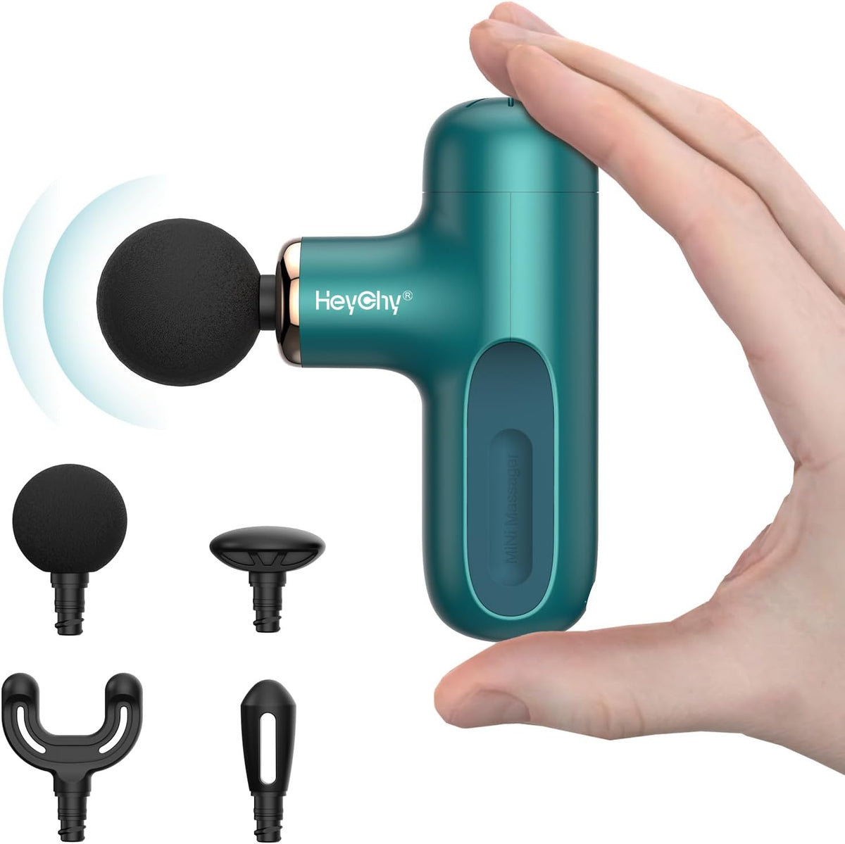 HEYCHY Super Mini Massage Gun front view showing compact teal green design