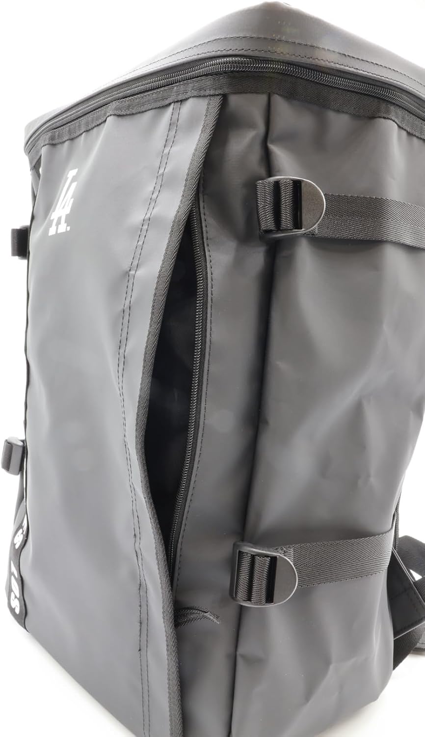 MLB black backpack vertical text strap close up