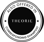 Theorie hair care bottle next to product texture display