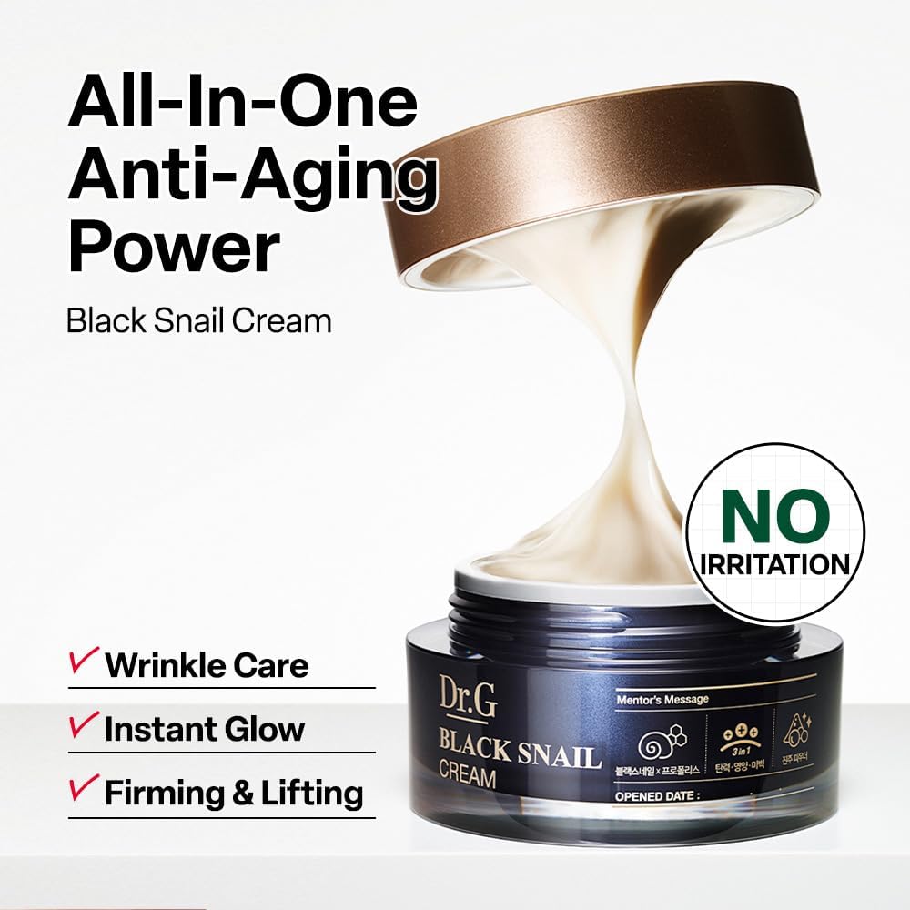 Dr. G Black Snail Cream jar with open lid showing texture