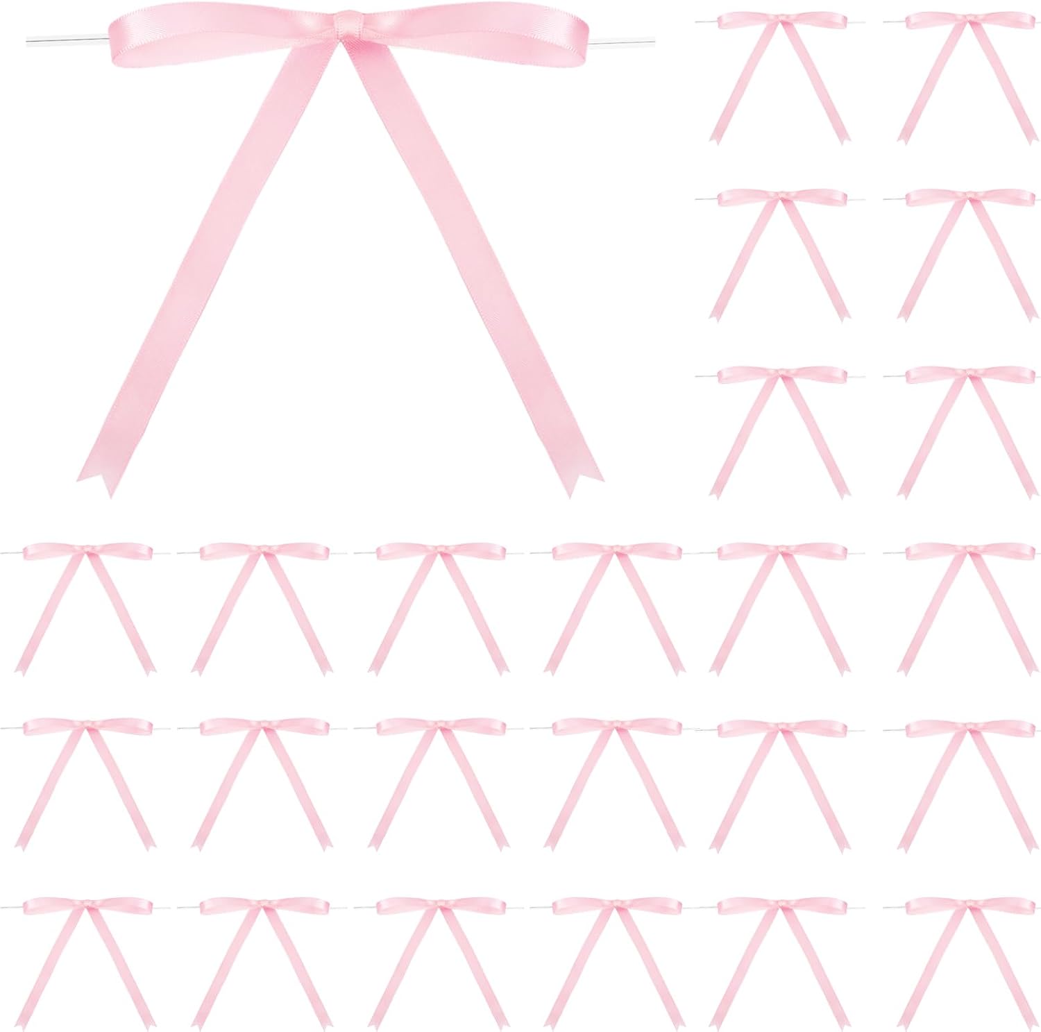 Riceshoot pink twist tie ribbon bows pack front view on display for party favor decoration