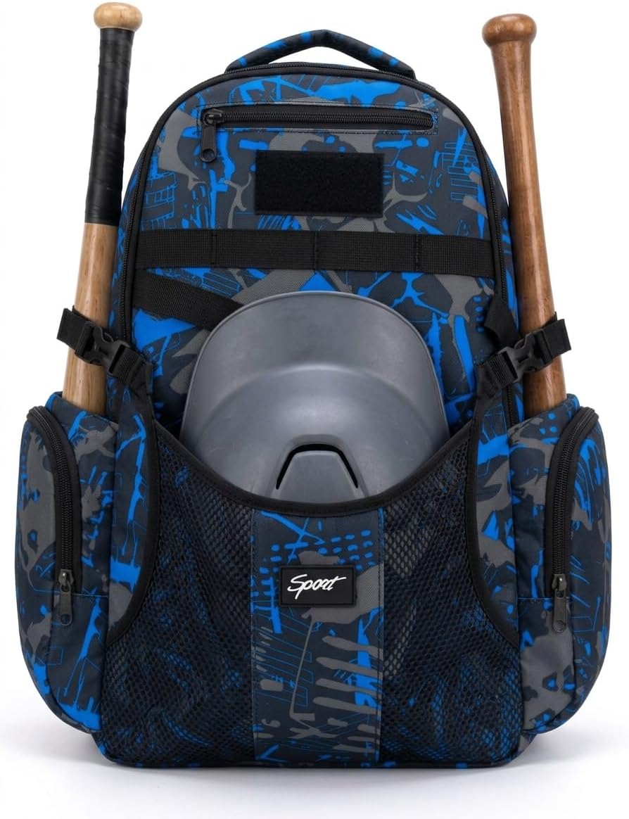 rickyh style large baseball backpack front view showing camo pattern