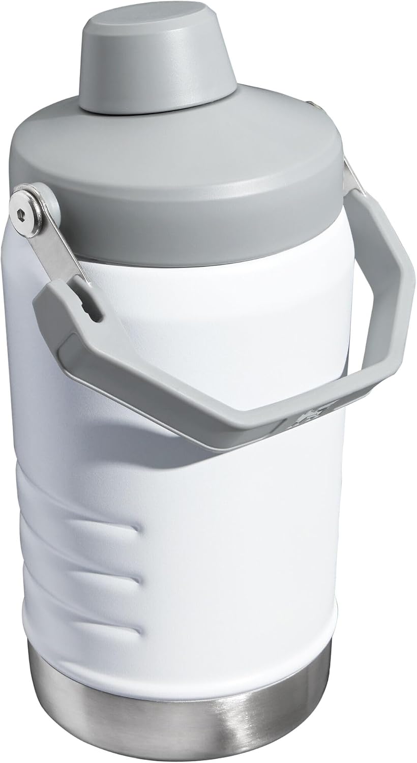Stanley polar white gym water bottle showing the easy carry handle