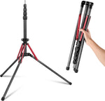 Neewer carbon fiber light stand front view showing extended telescopic center column and sleek red design accents.