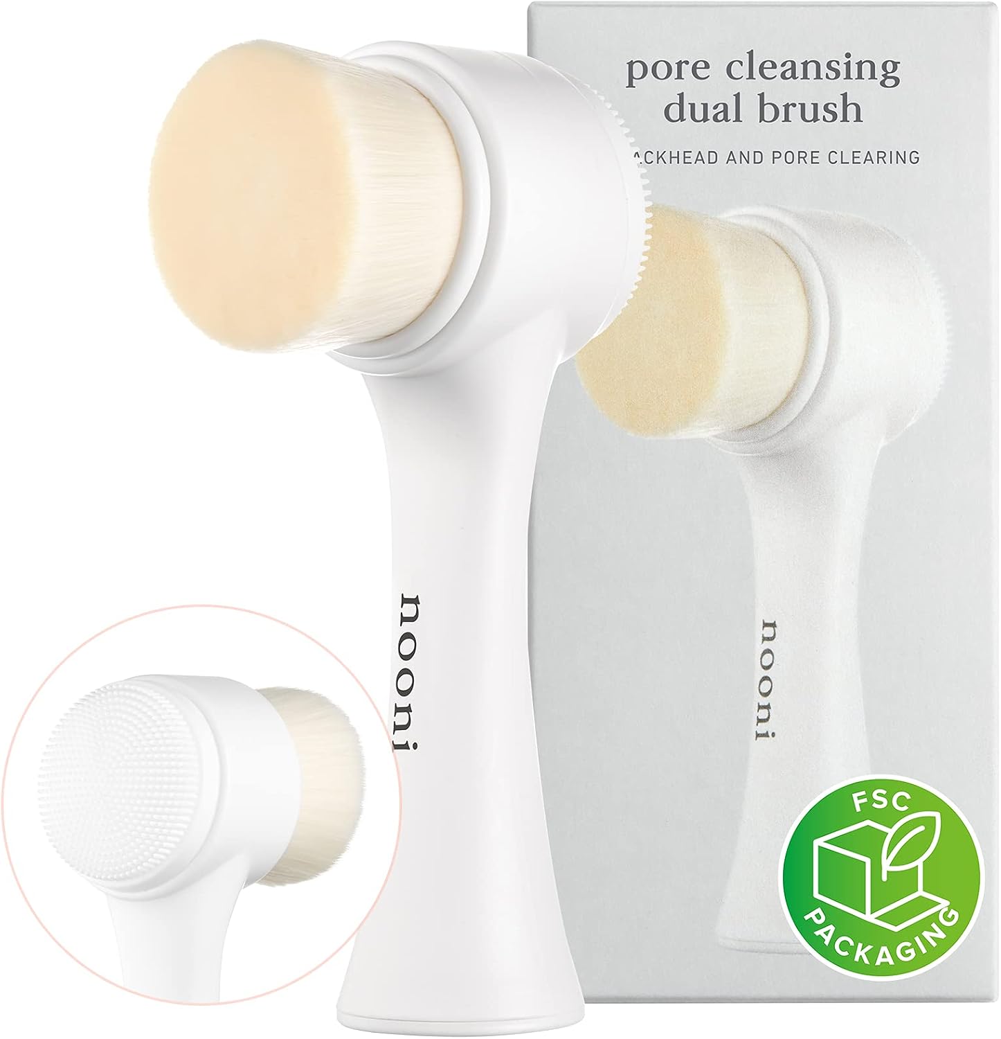 Nooni Pore Cleansing Tool Manual Dual Brush front view showing soft microfiber bristles for daily facial washing