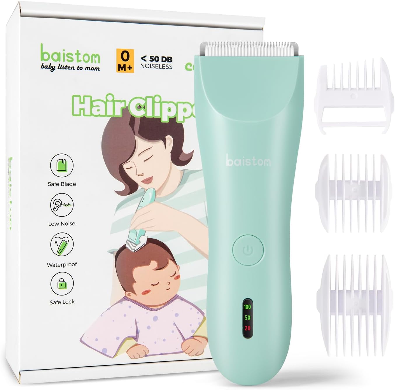 Baistom baby hair clipper front view and accessories kit