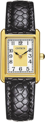 CNYXCN women's vintage gold watch front view featuring rectangular case and numeric dial.