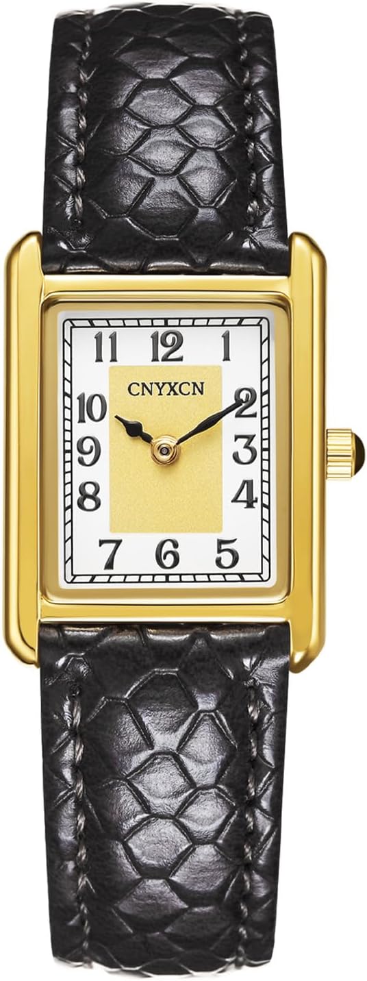CNYXCN women's vintage gold watch front view featuring rectangular case and numeric dial.