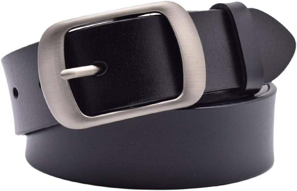 Vonsely women leather belt front view showing black strap and pin buckle.
