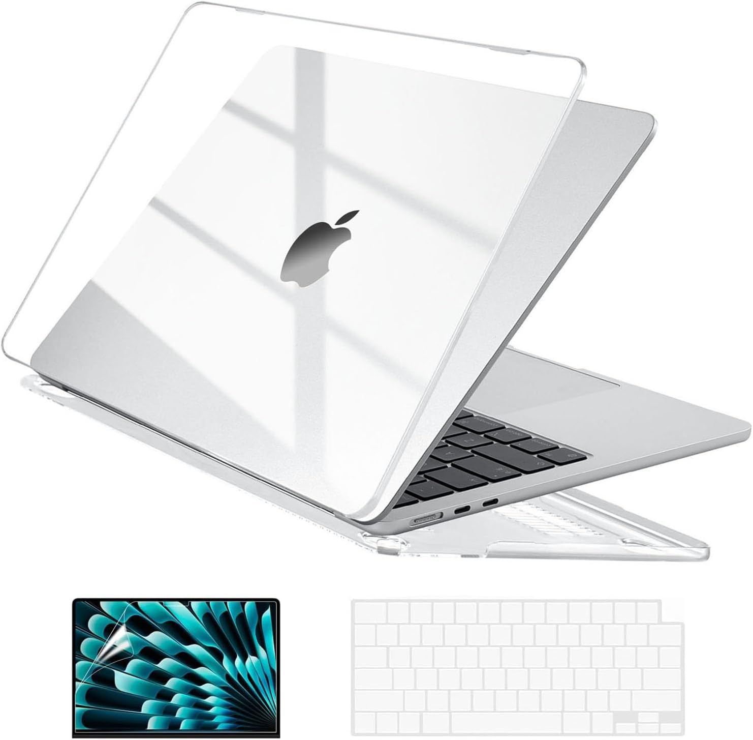 EooCoo Crystal Clear MacBook Air 15 Inch Case front view showing transparent laptop shell protection