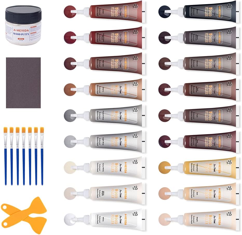 A-HEYIDA wood scratch repair kit front view with 18 color tubes.