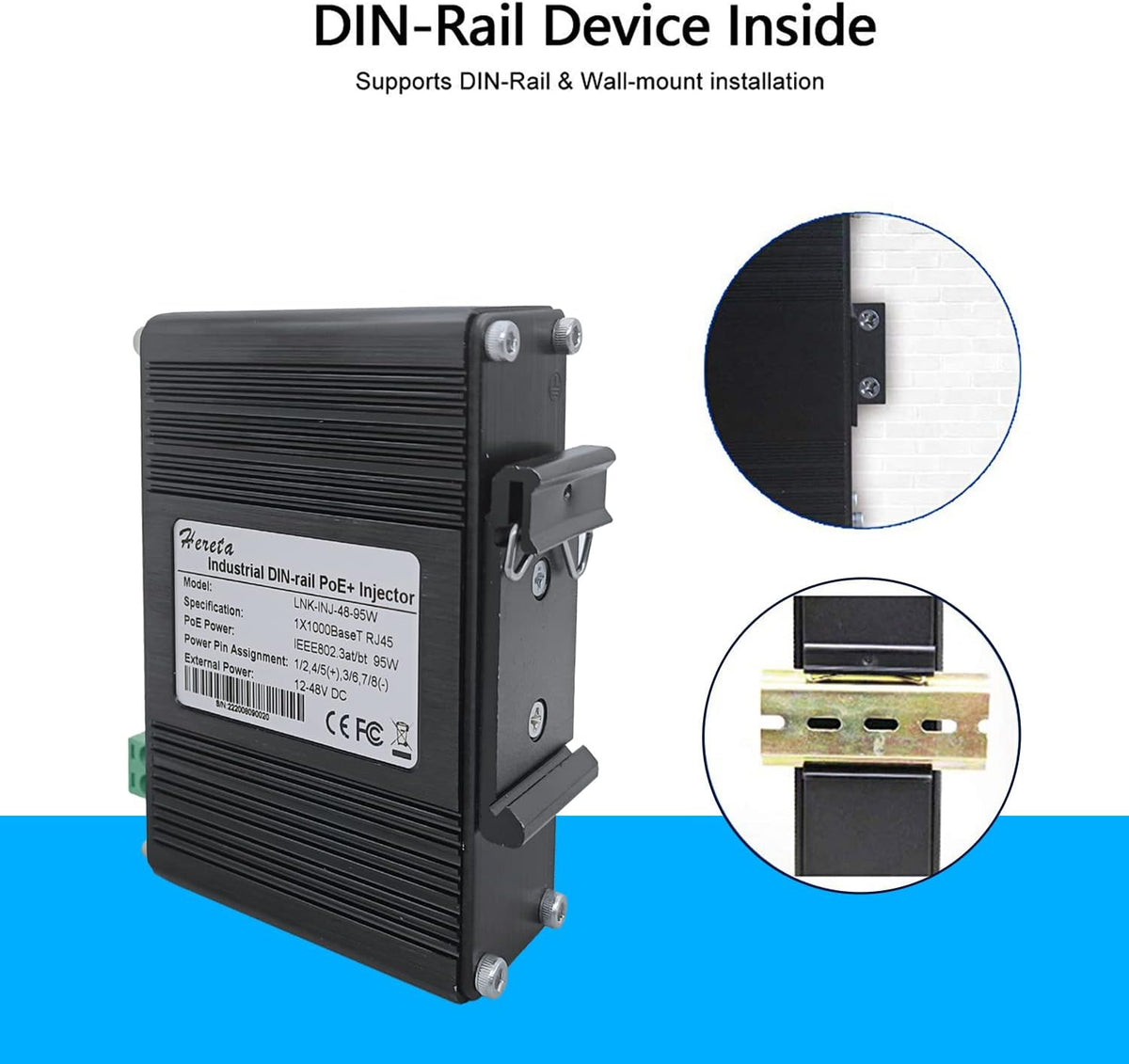 Hereta 95W PoE injector packaged contents