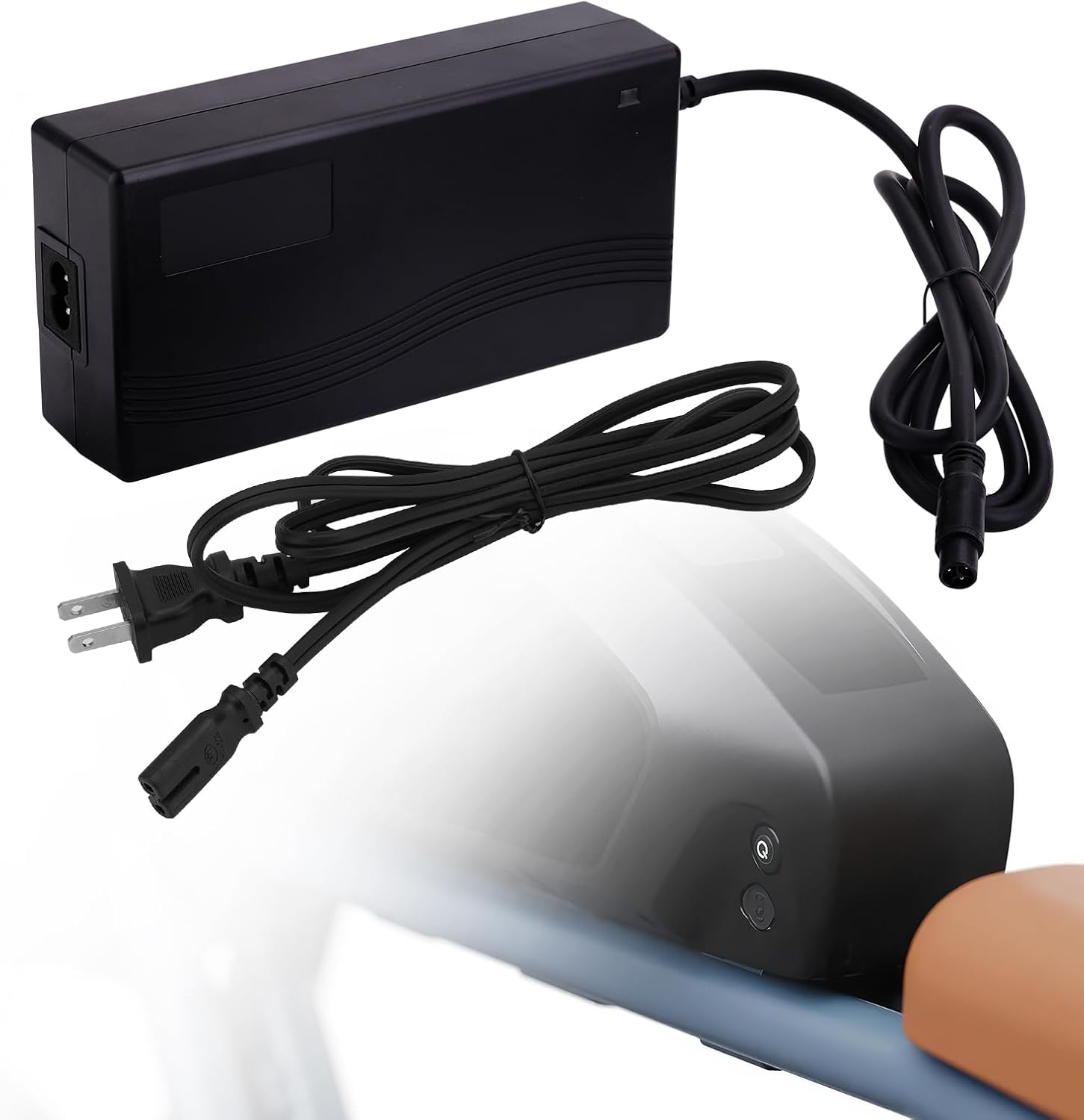 YIBEICO UL Listed 54.6V 2A e-bike battery charger front view showing the sleek black casing and indicator light.